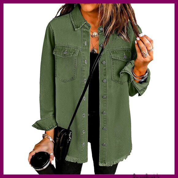 Jackets & Blazers - Oversized Distressed Denim Jacket Women's Button Shacket Casual Vintage
